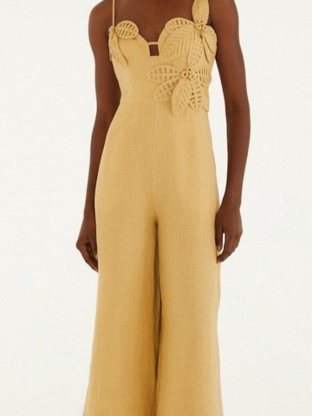 FARM Rio Linen-Blend Wide-Leg Jumpsuit with Leaf Appliqué
